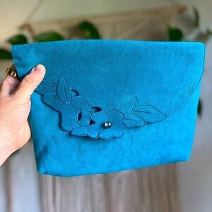 Vintage Turquoise Suede Floral Clutch Purse Handmade Boho Evening Bag Flower